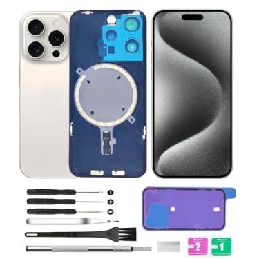 Imagem de Yuntunele Tampa traseira de vidro (inclui vidro de lente, suporte, ímã) Substituição compatível com iPhone 15 Pro Todas as operadoras com conjunto de ferramentas profissionais (branco)