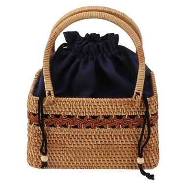 Imagem de Bolsa de Vime Tecida à Mão, Bolsa de Vime retrô Floral Com, Bolsa de Armazenamento de Palha Leve para Compras, Piquenique, Viagens