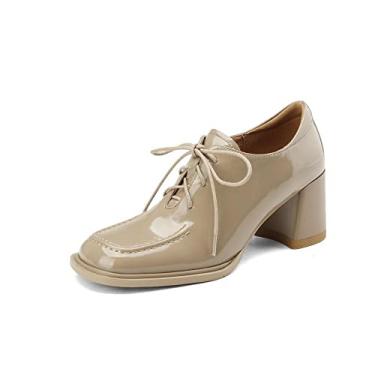 Imagem de TinaCus Sapato Oxford feminino feito à mão em couro envernizado bico quadrado salto médio, Damasco, 34