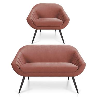 Imagem de Kit 01 Namoradeira 02 Lugares E 01 Poltrona Giovana Veludo Rosê Pés Palito De Ferro