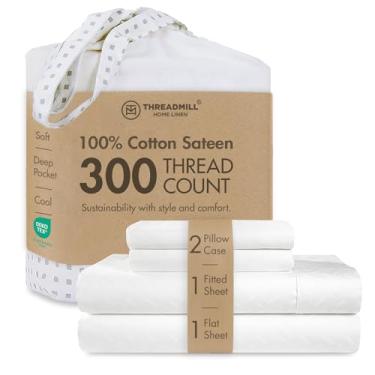 Imagem de Threadmill Home Linen Lençóis Queen – Algodão longo puro, tecido damasco jacquard Astra, 4 peças, 300 fios, lençóis brancos de hotel macios e sedosos com bolso profundo elástico