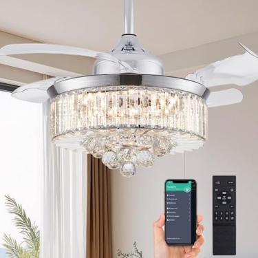 Imagem de PAFRUMGE Lustre regulável de 91 cm, ventiladores de teto de cristal com luzes e controle remoto, ventilador de teto moderno com lâminas retráteis invisíveis para quarto, sala de estar, cromo polido