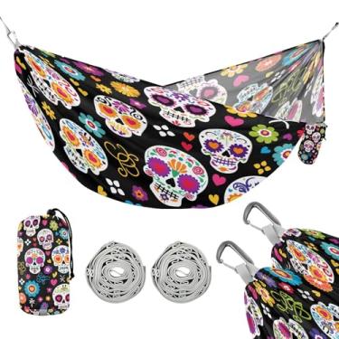 Imagem de ATTX Rede de acampamento Sugar Skull Flower – Redes leves e portáteis, capacidade de 150 kg para uso interno, caminhadas, mochilão, viagens, quintal, praia (382)