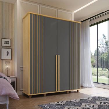 Imagem de Guarda-roupa Casal 4 Portas com Detalhe Ripado e 3 Gavetas Internas com 8 Pés Holanda Cinamomo / Grafite