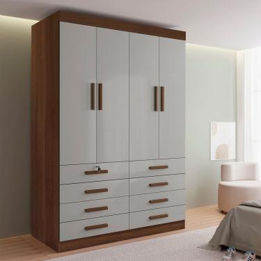 Imagem de Guarda-roupa Solteiro Mdf 4 Portas 8 Gavetas Marselha Plus Castanho / Off White