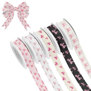 Imagem de SEHANY 5 rolos de fita de Natal 0,59 polegadas 5 jardas fitas de tecido laço rosa festival fitas decorativas de Natal para embrulho de presente faça você mesmo artesanato grinalda decoração de férias