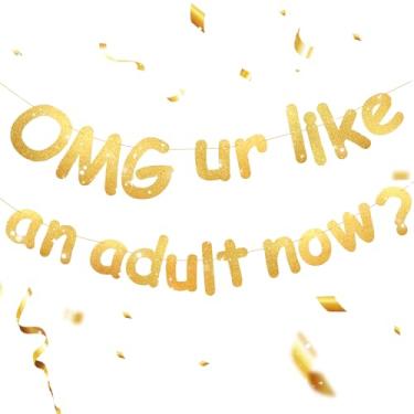 Imagem de OMG UR Banner Like an Adult Now – Decorações engraçadas de aniversário de 18 anos para meninas e meninos, faixa de festa de aniversário de 18 anos com glitter, suprimentos de pano de fundo