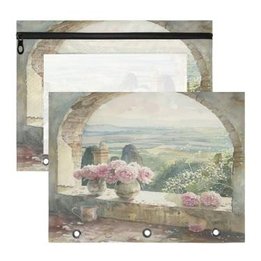 Imagem de SEHANY Pasta de lápis de flores de jardim com 3 anéis - bolsa de documentos com zíper tamanho A4 com janela transparente para sala de aula, escritório, 2 peças