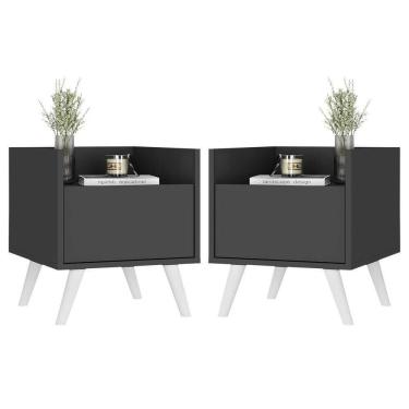 Imagem de Kit Com 2 Mesas De Cabeceira 40 Cm Com Pés Retrô Multimóveis Mp4044 Preta/Branca