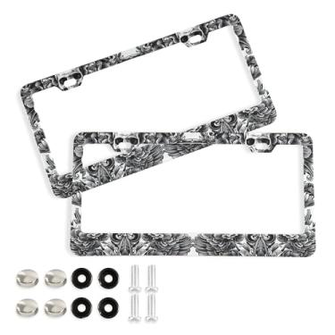 Imagem de SEHANY Molduras de placa de carro vintage rosa crânio, capas de alumínio à prova de ferrugem com furos elípticos e parafusos serve para veículos padrão dos EUA tamanho acessórios de carro para