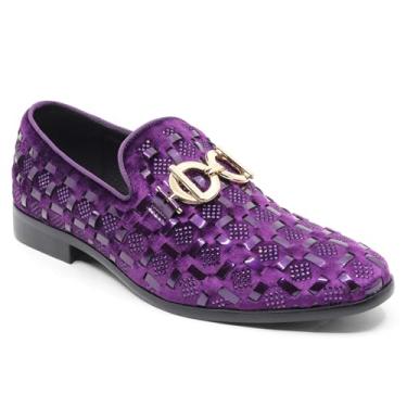 Imagem de Metrocharm Mocassins de luxo com estampa de veludo com detalhe de fivela dourada, enfeites de strass, sapatos formais, estilo slip-on SM-64, Roxa, 44