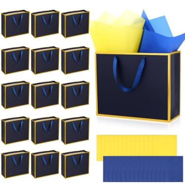 Imagem de ADLABLD 15 pacotes de saco de presente de papel metálico com alças e papel de seda 29 x 25 x 10 x 10 cm bolsa luxuosa de lembrancinha de festa para presentes de casamento dama de honra padrinhos (azul
