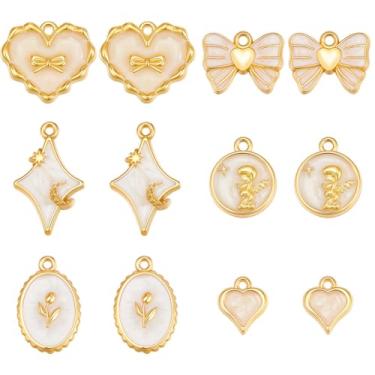 Imagem de SUNNYCLUE 1 caixa, 36 peças, 6 estilos, pingentes de coração esmaltados, ouro, arco de metal, bênção, anjo, flor, lua, estrelas polares, pingentes para colar, brincos, joias, acessórios de artesanato