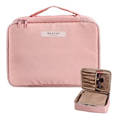 Imagem de Organizador de bolsa de maquiagem, bolsa de cosméticos, estojo de maquiagem de viagem com suporte de pincel e bolsa removível, organizador de beleza para mulheres e meninas (rosa)