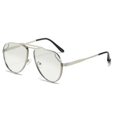 Imagem de Óculos de sol retrô clássico de metal com ponte dupla, feminino, espelhado, com gradiente, UV400, masculino (prata, cinza claro)