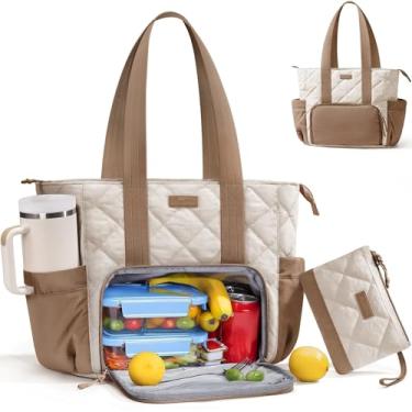 Imagem de Lancheira feminina Puffer, bolsa de trabalho para laptop de 15,6 polegadas com compartimento isolado para almoço e suporte de copo grande, bolsa leve acolchoada e inchada com bolsa para professores