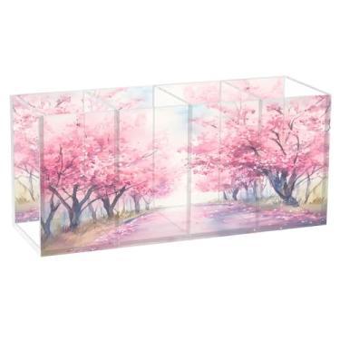 Imagem de CEBUGI Porta-lápis de acrílico com 4 compartimentos, organizador de lápis transparente, cerejeira, árvores, suporte de pincéis de maquiagem para escritório em casa, escritório