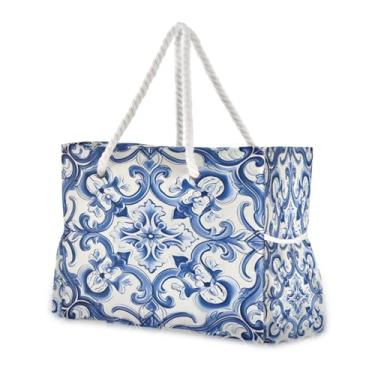 Imagem de Wassud Bolsa de praia grande com arte em azulejo azul, para mulheres, impermeável, à prova de areia, bolsa de viagem com zíper e bolso para piscina, academia, acampamento