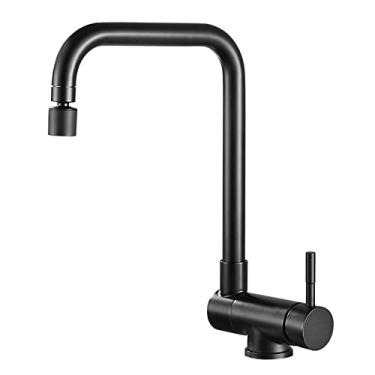Imagem de Torneira misturadora de pia de cozinha dobrável dentro da janela torneiras de cozinha aço inoxidável giratória água quente e fria torneira de pia de cozinha com furo único - preto