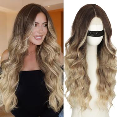 Imagem de Nnzes Peruca longa Ombre raiz escura caramelo loiro ondulado 4x1 renda natural linha do cabelo parte do meio encaracolado fibra sintética resistente ao calor para mulheres e iniciantes uso diário