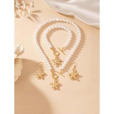 Imagem de Conjunto elegante de colar, pulseira e brincos pendentes de estrela do mar em tom dourado com fecho articulado, joia náutica para mulheres