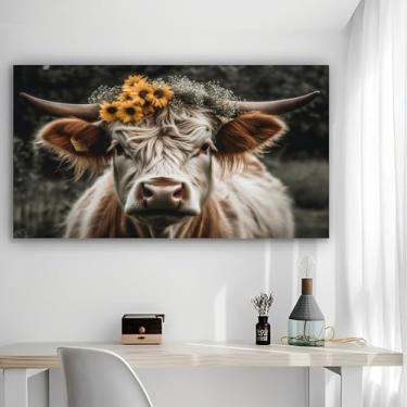Imagem de Arte de parede em tela rústica de vaca com flores - Pôster sem moldura de 30 x 61 cm - Decoração de casa e escritório para sala de estar, quarto, cozinha e café