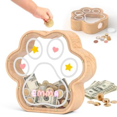 Imagem de KMC Cofrinho grande de madeira com garra de gato, caixa de dinheiro que poupa pata de cachorro para menino, cofrinho transparente para meninas, cofrinho grande com inicial grande, presente