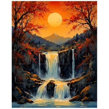 Imagem de Kit de pintura natural por números para adultos - Pintura de cenas de cachoeira de outono DIY em tela 40,6 x 50 cm, conjunto de tinta acrílica, adequado para iniciantes, arte para decoração de casa ou