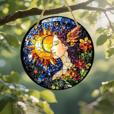 Imagem de Acrílico colorido Suncatcher, vitral, mulher, sol, lua, flores, 17,78 cm, decoração de parede para janela suspensa com design de vitral impresso, ideia de presente e ornamento de jardim, uso interno e