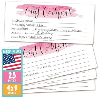 Imagem de 25 certificados de presente em branco rosa para pequenas empresas, voucher de papel aquarela para massagem, salão de cabelo e unhas, spa, restaurantes e cartões de cupom DIY para aniversário, dia dos namorados, dia das mães, ele e ela, 10 x 23 cm