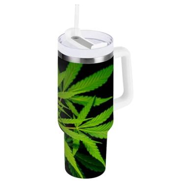 Imagem de Copos pretos de folhas verdes com isolamento duplo com canudo e alça para água, copo isolado 850 g / 0,89 L