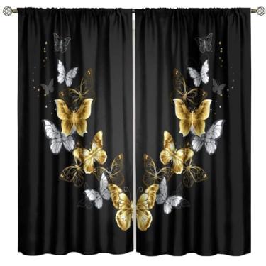 Imagem de Cortinas de borboleta com tema de fantasia preto dourado fundo preto com bolso para varão, cortinas blackout para quarto, sala de estar, cozinha, café, decoração (L80 x C 182 cm) x 2 painéis