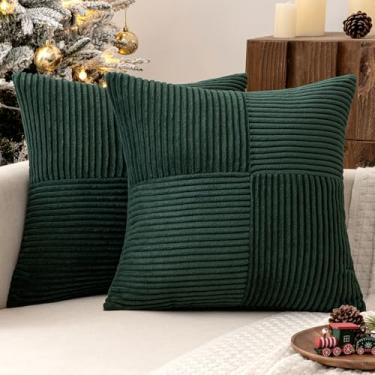 Imagem de MIULEE Capas de almofada de veludo cotelê verde exército de Natal pacote com 2 fronhas decorativas boho emendadas macias e sólidas capas de almofada para sofá de cama de sala de estar 50,8 x 50,8 cm