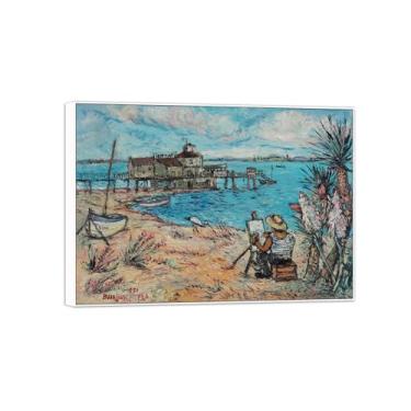 Imagem de BMZFYBS David Burliuk Famosas impressões em tela de arte de parede prontas para pendurar. Artista na praia. Pintura com moldura branca para decoração de sala de estar 70 x 100 cm 27 x 39 pol