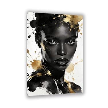 Imagem de SDYJ6GSW Arte de parede feminina afro-americana ouro e preto impressão em tela abstrata estética moderna mulher negra decoração de parede para quarto sala de estar decoração de banheiro moldura