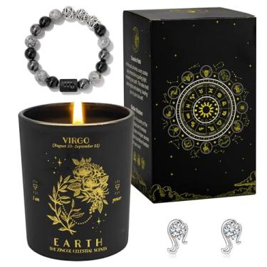 Imagem de ZINCGE Conjunto de vela perfumada do zodíaco de Virgem para homens e mulheres – Vela de cristal de aroma rosa com pulseira e brincos, caixa de presente de astrologia, presentes de relaxamento e