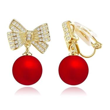 Imagem de Brincos de laço femininos com strass pérola não perfurada, joia leve para presente de Natal, Medium, Latão, Sem pedra preciosa