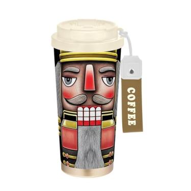 Imagem de Caneca de viagem de café 40 ml com canudo e tampa, copo de café de aço inoxidável à prova de vazamento para escritório, escola, festa, acampamento, desenho animado de quebra-nozes de Natal