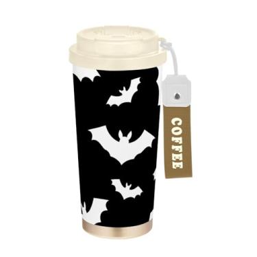 Imagem de TSENQUE Caneca de café branca morcego preto Halloween, 473 ml, copo com canudo e tampa, copos de parede dupla isolados a vácuo com revestimento cerâmico para escola, escritório, festa, acampamento