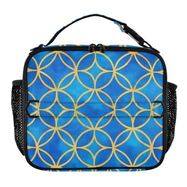 Imagem de Joisal Lancheira geométrica texturizada azul diamante meninas mulheres lancheira masculina lancheira para trabalho reutilizável bolsa térmica com alça de ombro ajustável