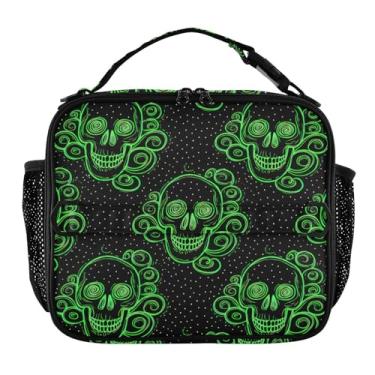 Imagem de Joisal Lancheira preta com caveiras verdes brilhantes para mulheres, meninas, com alça de ombro, lancheira masculina e infantil, para trabalho, escola, bolsa térmica com flores fofas
