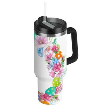 Imagem de Copo térmico de coelho com tampa e canudos, guirlanda de aquarela de Páscoa, copo térmico com alça de 850 g, garrafa de água isolada, copos de café quente de aço inoxidável para carro