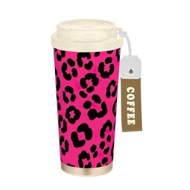 Imagem de TSENQUE Copo de café com manchas de leopardo preto, rosa vibrante, 473 ml com canudo e tampa, copos de parede dupla isolados a vácuo com revestimento cerâmico para escola, escritório, festa