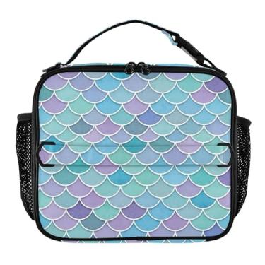 Imagem de Joisal Lancheira azul com escamas de sereia em aquarela para mulheres, meninas, lancheira com alça de ombro masculina e infantil, lancheira para trabalho, escola, floral, bolsa térmica