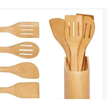 Imagem de Kit Utensílios de Cozinha com 5 Peças em Bambú e Suporte Natural Ecológico Resistente ao Calor Design Sofisticado Material Durável e Não Pega Cheiro Garfo Colher Espátula Receita Colher de Pau