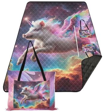 Imagem de TSENQUE Unicórnio Porco Fantasia Universo Cobertor de Praia Grande Impermeável Impressão Infantil Tapete de Camping para Grama Extra Grande Acessórios de Piquenique Dobrável 299.7 cm x 203.2 cm