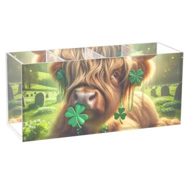 Imagem de TSENQUE Porta-canetas Highland Cow St Patrick para mesa, desenho animado, artesanato, acrílico, pincel, copos, armazenamento de lápis