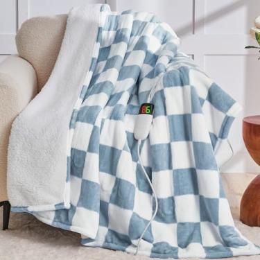 Imagem de Cobertor elétrico aquecido, tamanho solteiro, 152 x 203 cm, cobertor de aquecimento com 10 níveis de calor e 8 horas de desligamento automático, xadrez azul enevoado, cobertores de lã de ovelha