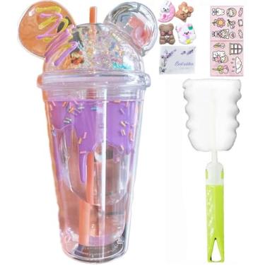 Imagem de windyswag Copos de viagem de orelha de biscoito com canudos, sorriso, donut, gelo, bebidas, garrafa de água, caneca de café infantil brilhante, copo de plástico reutilizável, presente de aniversário