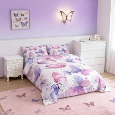 Imagem de Feelyou Conjunto de edredom para meninas, borboleta, todas as estações, fofo, roxo, rosa, com 2 fronhas, lindas borboletas, microfibra, para decoração de quarto Queen, respirável, macio e leve